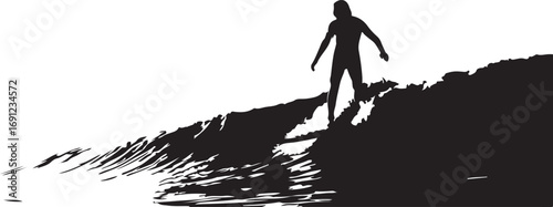 Black silhouette of a surfer riding a wave against a white background surfing ocean
