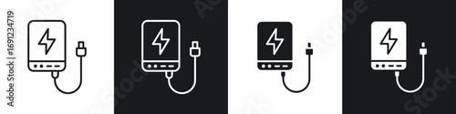 Power bank icons in solid and stroke graphics