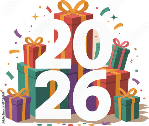 Happy new year 2026 celebrate with festive gifts and colorful confetti bright celebration