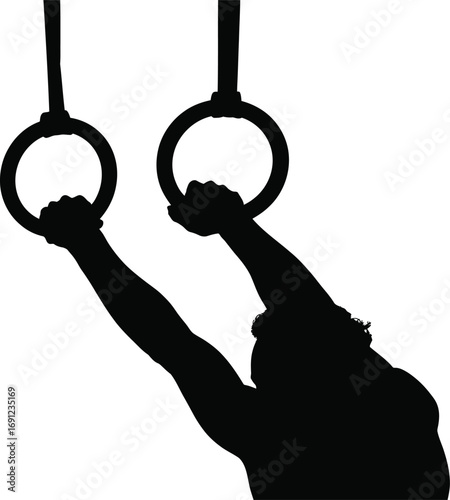 Silhouette of a gymnast holding rings during a workout performing gymnastic exercise against white background showing strength and physical fitness