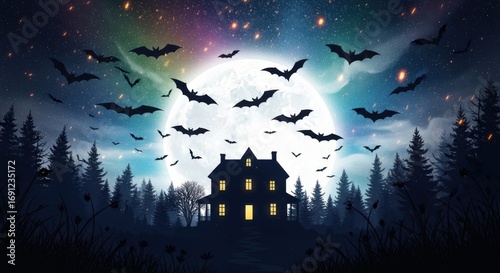 Spooky haunted house silhouette with bats flying in front of a full moon at night