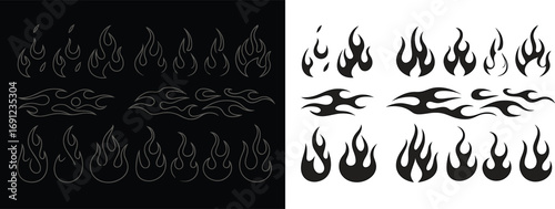 Vector illustration of fire flames graphic elements on black and white backgrounds for tattoo designs and creative projects