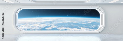 Wide angle view of luxury observation deck inside orbital station with large curved windows overlooking Earth.