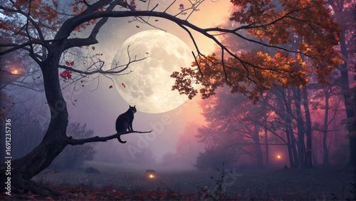 Full Hunter’s Moon shining over dark forest with owl on tree