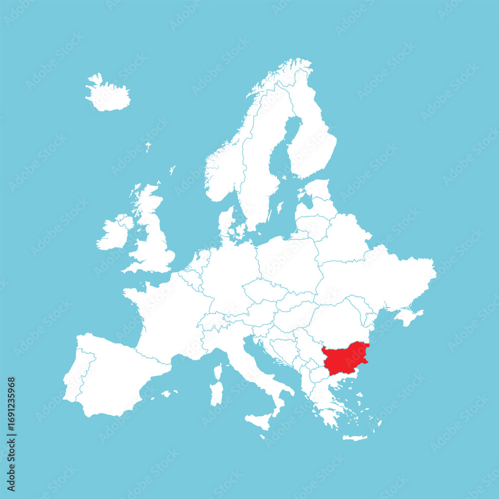 Obraz premium Europe map. Vector Europe map with Bulgaria highlighted in red, isolated on blue background.