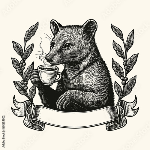 Vintage civet drinking coffee engraving vector illustration