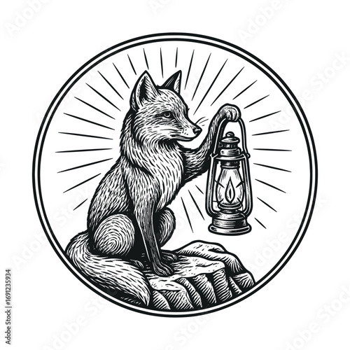 Vintage fox holding lantern engraving vector illustration