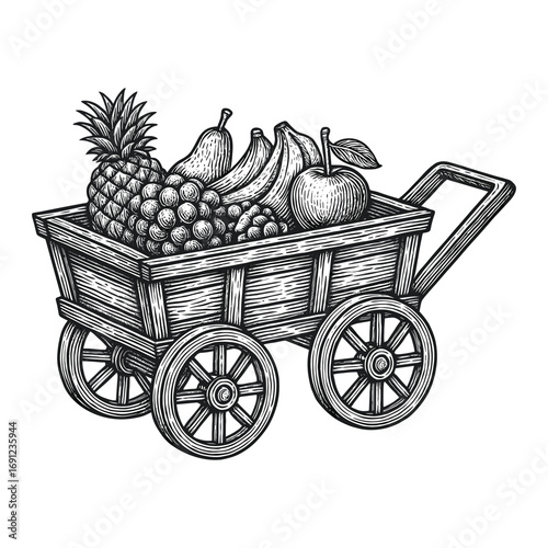 Vintage wooden cart with fruits engraving vector illustration