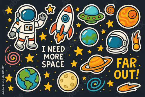 Collection of colorful cartoon space-themed stickers with doodle-style illustrations on dark background