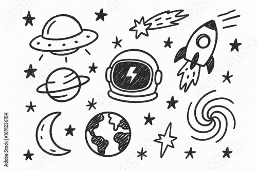 Hand-drawn doodle style black and white sketch of outer space elements isolated on white background