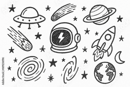 Hand-drawn doodle style black and white sketch of outer space elements isolated on white background