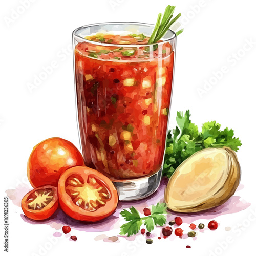 Gazpacho, watercolor vector, isolated on a white background.