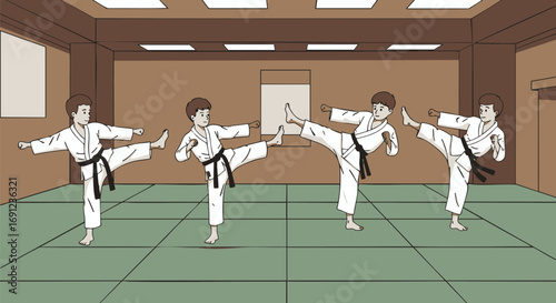Dynamic sequence of a young martial artist demonstrating a powerful front kick technique in a traditional dojo setting, showcasing skill and athletic progression through clear illustrative stages