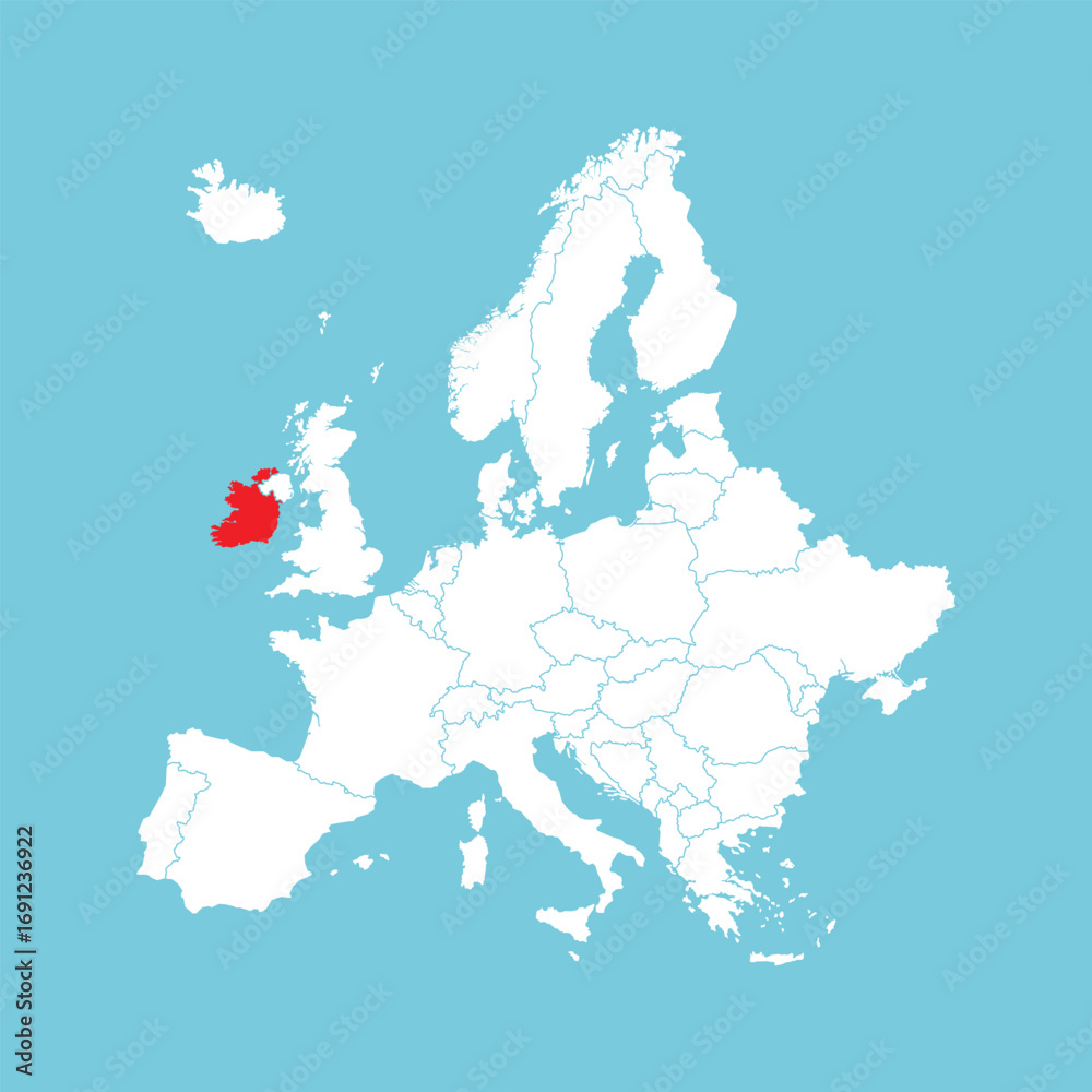 Obraz premium Europe map. Vector Europe map with Ireland highlighted in red, isolated on blue background.