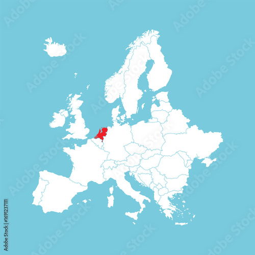 Europe map. Vector Europe map with Netherland highlighted in red, isolated on blue background.
