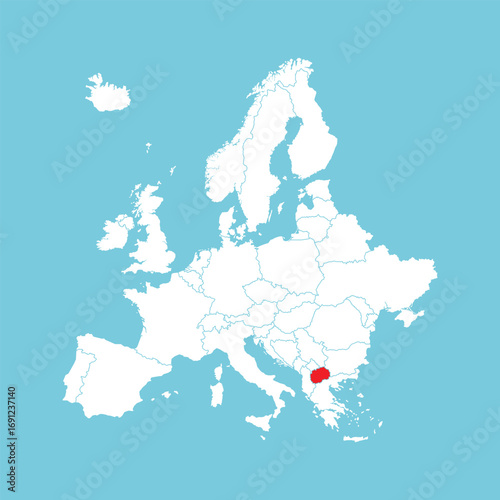 Europe map. Vector Europe map with North Macedonia highlighted in red, isolated on blue background.