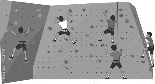 People actively participating in the challenging and rewarding sport of indoor rock climbing, ascending a tall, textured wall with safety ropes and harnesses in a dedicated recreational facility