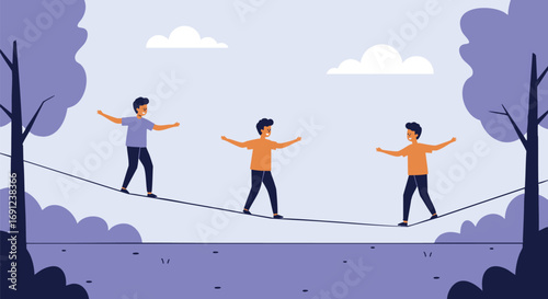 Three men walking on a tightrope between trees, practicing balance and coordination in nature