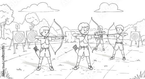 A detailed line drawing of three young boys practicing archery, aiming their bows and arrows at targets in an outdoor range