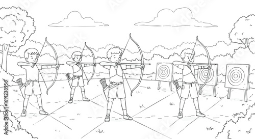 Children practicing archery outdoors in a sunny park with targets set up and trees in the background, depicting a fun recreational activity