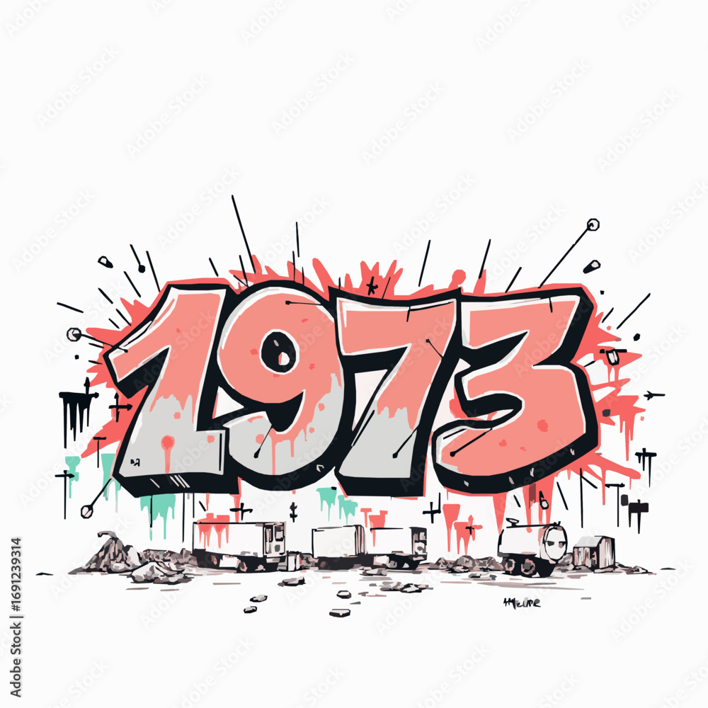 Obraz premium Graffiti art year 1973 with pink and grey shading and trucks on a white background number