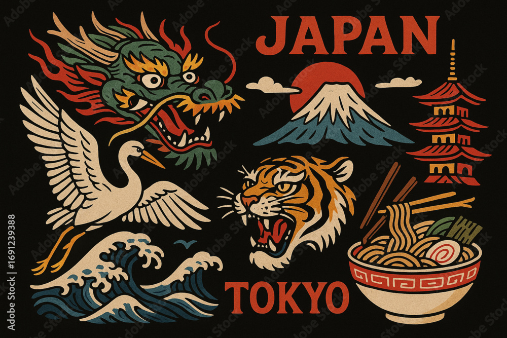 Obraz premium Japanese tattoo style illustration with dragon, tiger, crane, Mount Fuji, and Tokyo elements on black background