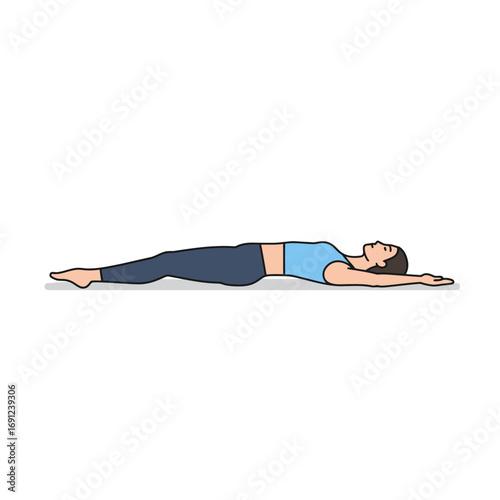 Woman lying in corpse pose on yoga mat, practicing relaxation technique for stress relief and mindfulness during a peaceful meditation session.