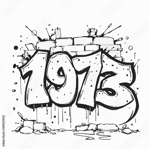 Graffiti art number 1973 spray painted on a brick wall with debris on the ground vector illustration