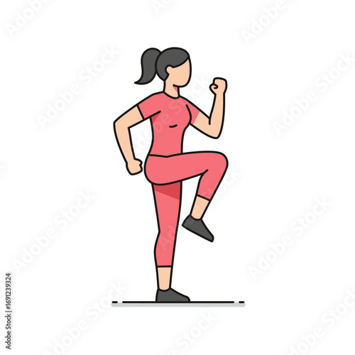Woman in pink sportswear performing high knees exercise on white floor, showcasing fitness routine and healthy lifestyle.