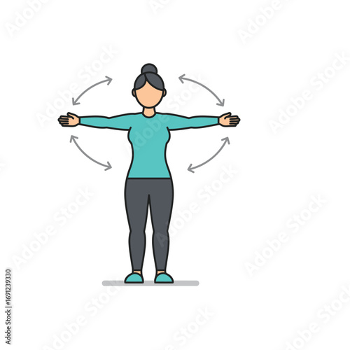 Woman performing arm circles as part of an exercise routine in a minimalist style for fitness and wellness.