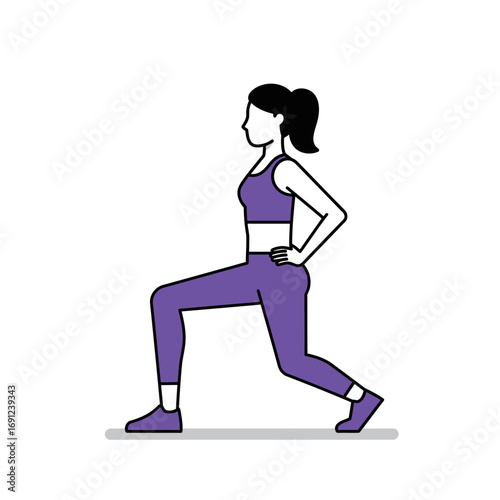 Woman performing a lunge exercise in a minimalist style against a white backdrop, showcasing fitness and healthy lifestyle with a modern aesthetic.