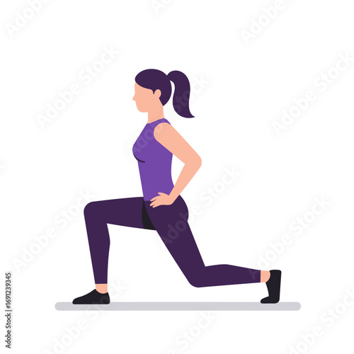 Woman performs a lunge exercise in a fitness studio, demonstrating strength and flexibility for a healthy lifestyle, promoting wellness and physical activity.
