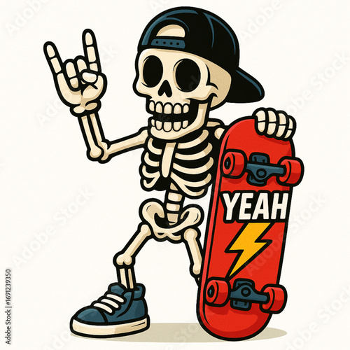 Cool cartoon skeleton character with skateboard and streetwear style isolated on white background