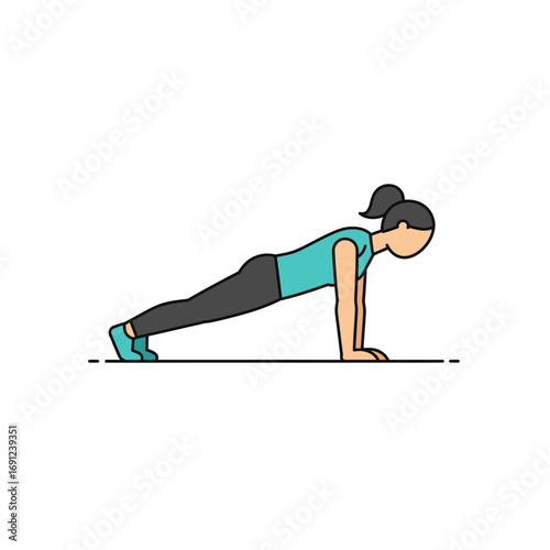 Young woman performing plank exercise on yoga mat in brightly lit studio, focusing on core strength and fitness, promoting healthy lifestyle.