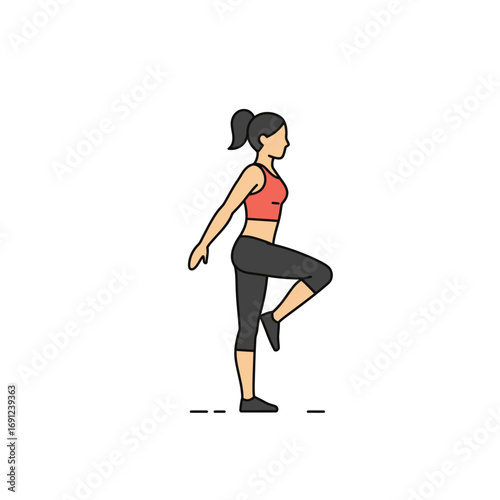 Woman performing knee lift exercise in gym, demonstrating fitness routine for strength and flexibility, promoting healthy lifestyle and wellness.