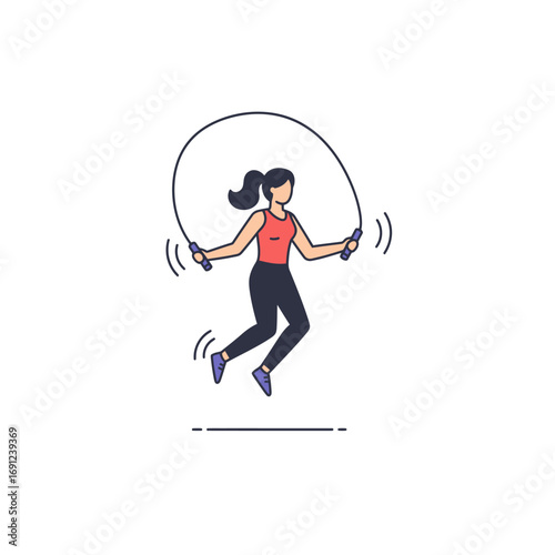 Woman skipping rope in a minimalist style on white backdrop, showcasing fitness, health, and active lifestyle with clean aesthetic.
