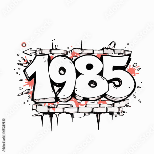 Hand Drawn Graffiti Art Year 1985 with Brick Texture and Red Splatters sketch