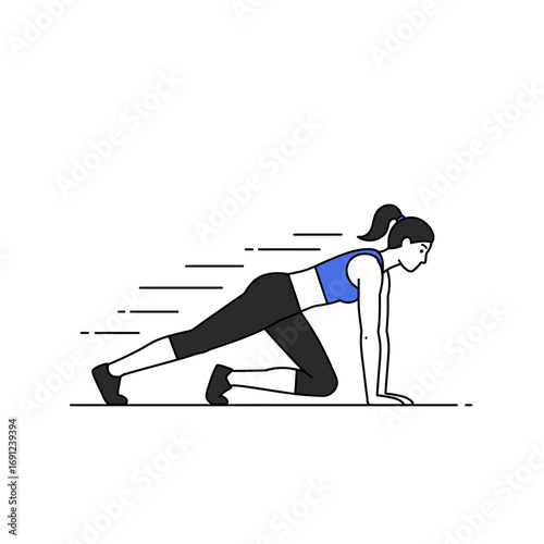 Woman performing mountain climber exercise on the floor, showcasing fitness routine for strength and agility with dynamic motion lines, promoting healthy lifestyle.