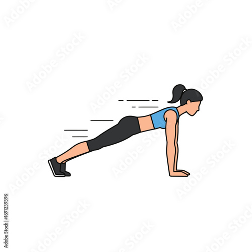 Woman performs plank exercise on white surface, demonstrating core strength and fitness with determination and focus.