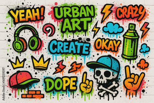 Graffiti street art style illustration with colorful doodles and hand-drawn elements on white wall background