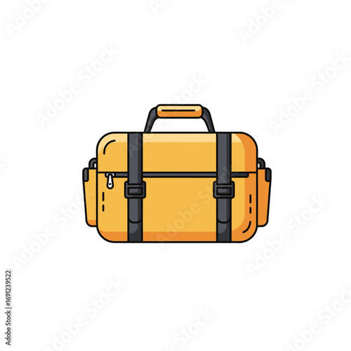 Yellow duffel bag with black straps sitting on white surface, ready for travel and adventure, conveying a sense of preparedness and wanderlust.