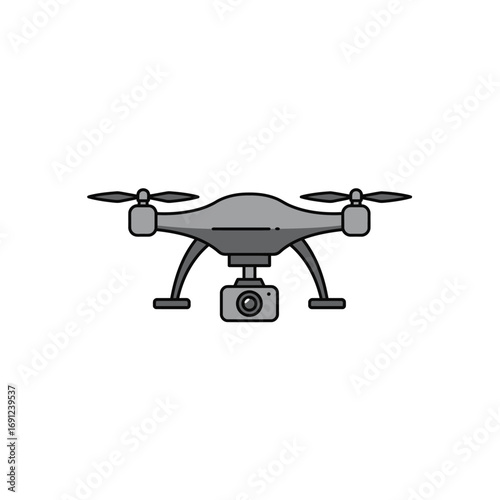 Gray drone hovering in the air with camera attached, ready to capture aerial footage for photography or videography purposes, modern technology.