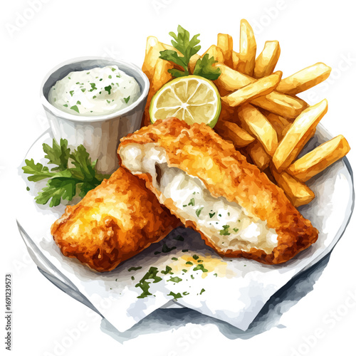 Fish And Chips, watercolor vector, isolated on a white background.