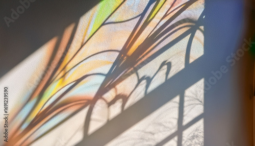 Overlay Effect For Photo And Mockups Organic Drop Diagonal Shadow Of Art Deco Stained Glass Window On A White Wall