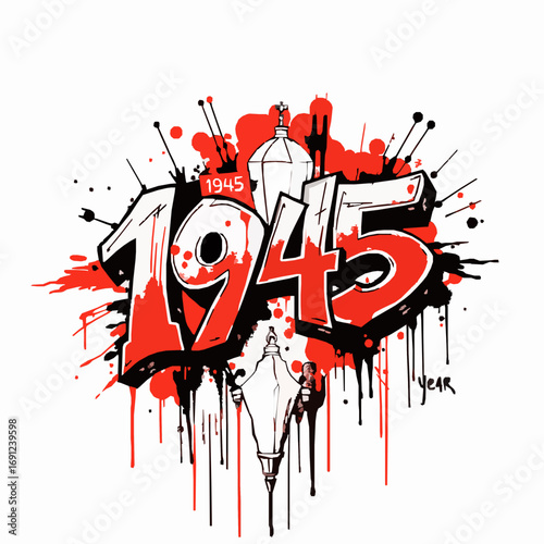 Graffiti artwork of the year 1945 with red and black colors and abstract elements Keywords: 1945, graffiti, year, red, black, paint, splatters, drips, urban art, vandalism, spray