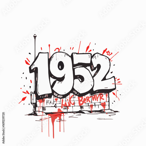 Graffiti art year 1952 on brick wall with red splatters and antenna on white background street art urban