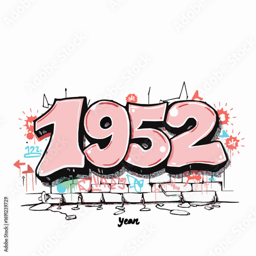 Graffiti art year 1952 in pink with brick wall and colorful tags on white background street art urban