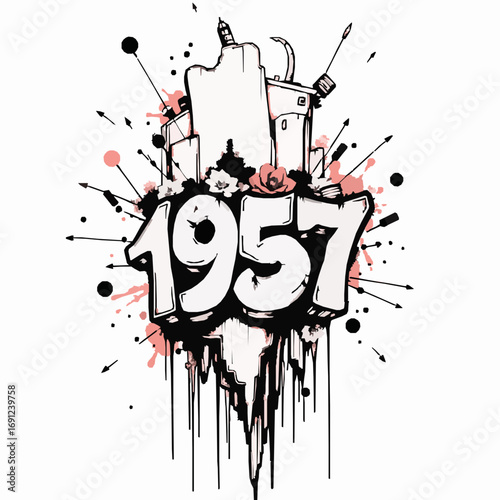 Graffiti art year 1957 with cityscape elements and floral accents spray paint urban