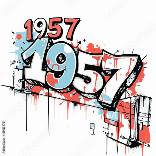 Graffiti art of the year 1957 with red and blue paint splashes and drips on a white background lettering