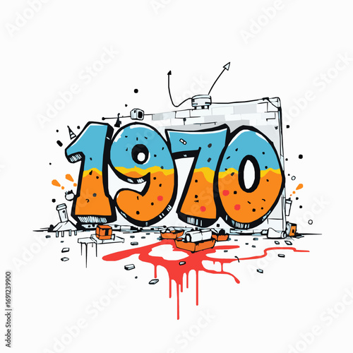 Graffiti art year 1970 in blue and orange with broken objects and red paint splatters urban street art